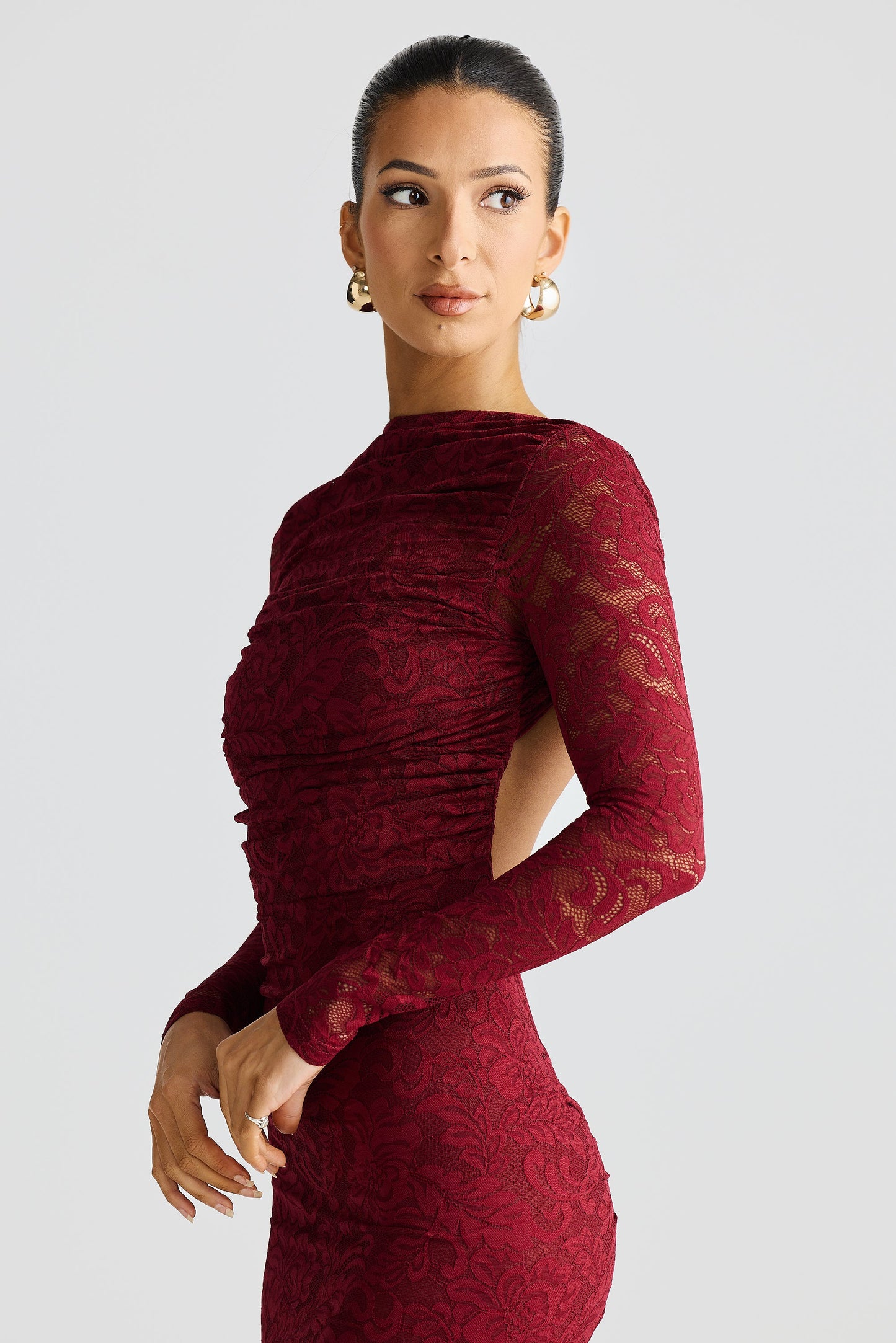 Burgundy Long Sleeve High Neck Lace Ruched Midi Dress