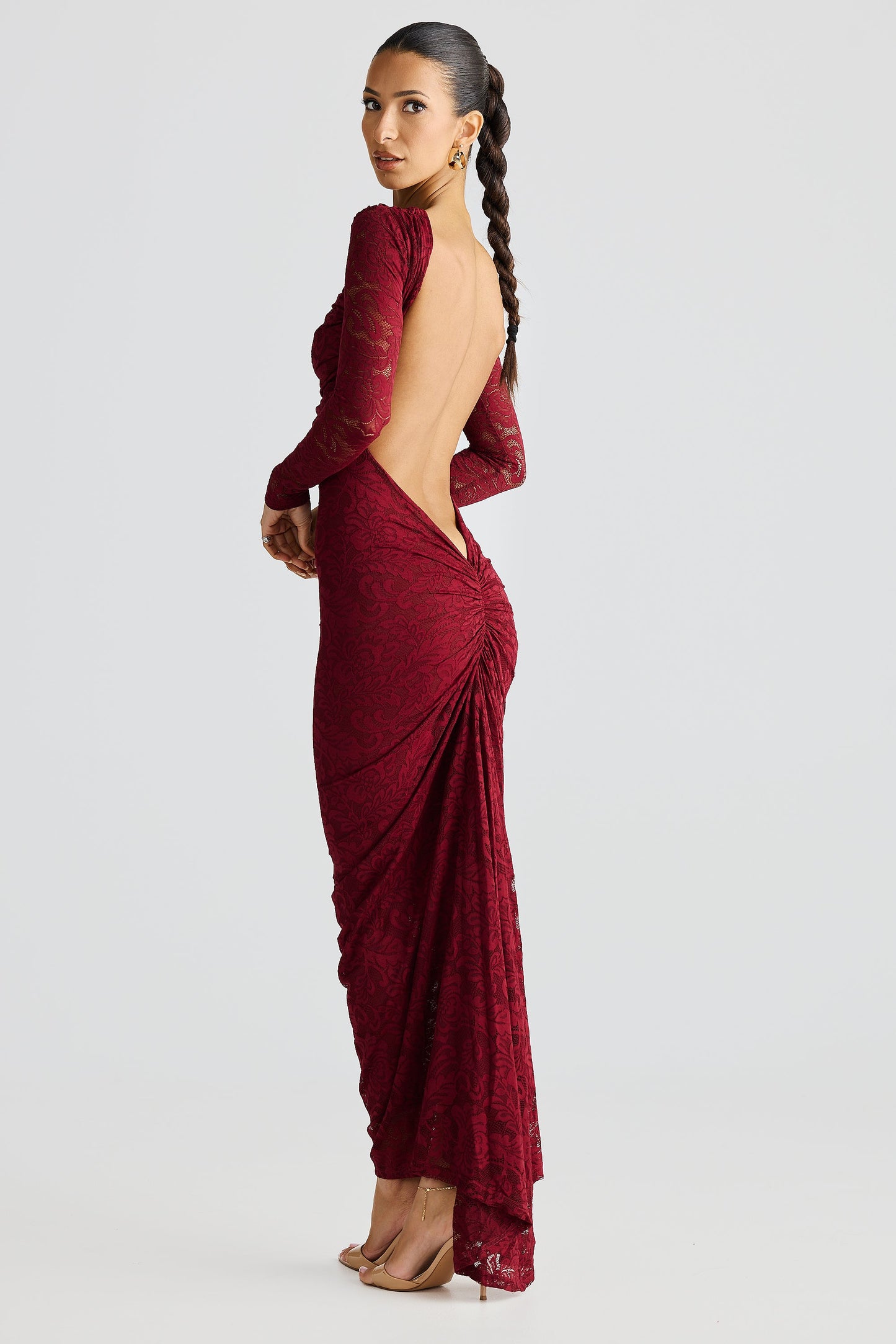 Burgundy Long Sleeve High Neck Lace Ruched Midi Dress