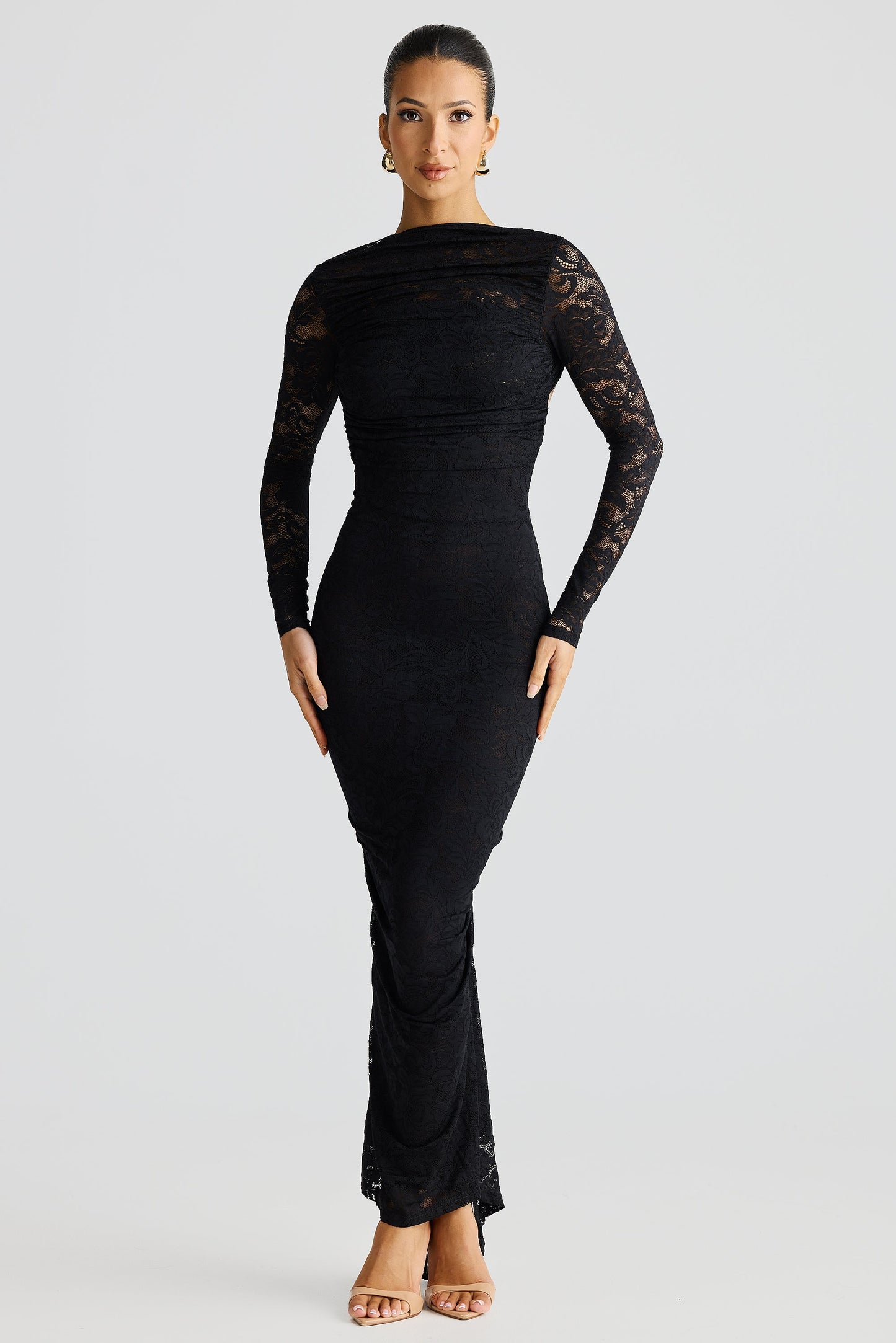 Black Long Sleeve High Neck Lace Maxi Dress