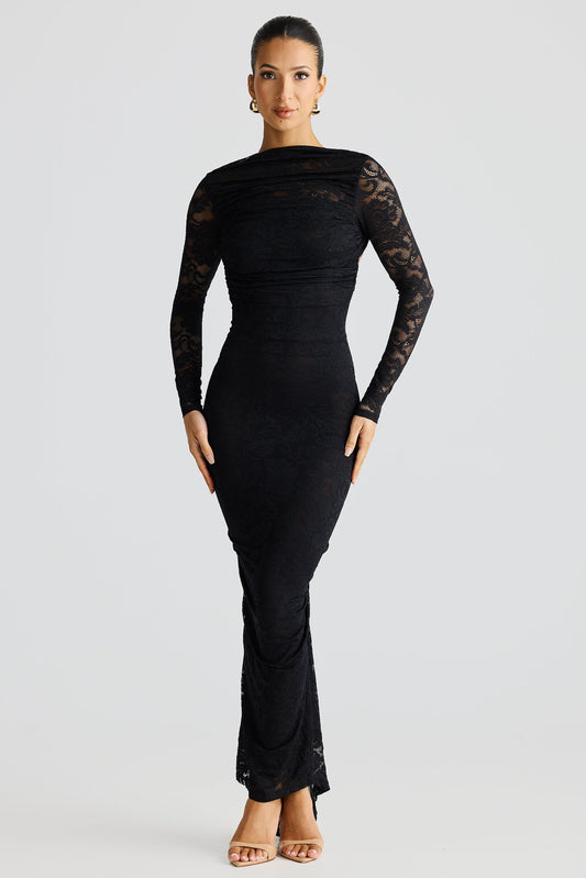 Black Long Sleeve High Neck Lace Maxi Dress