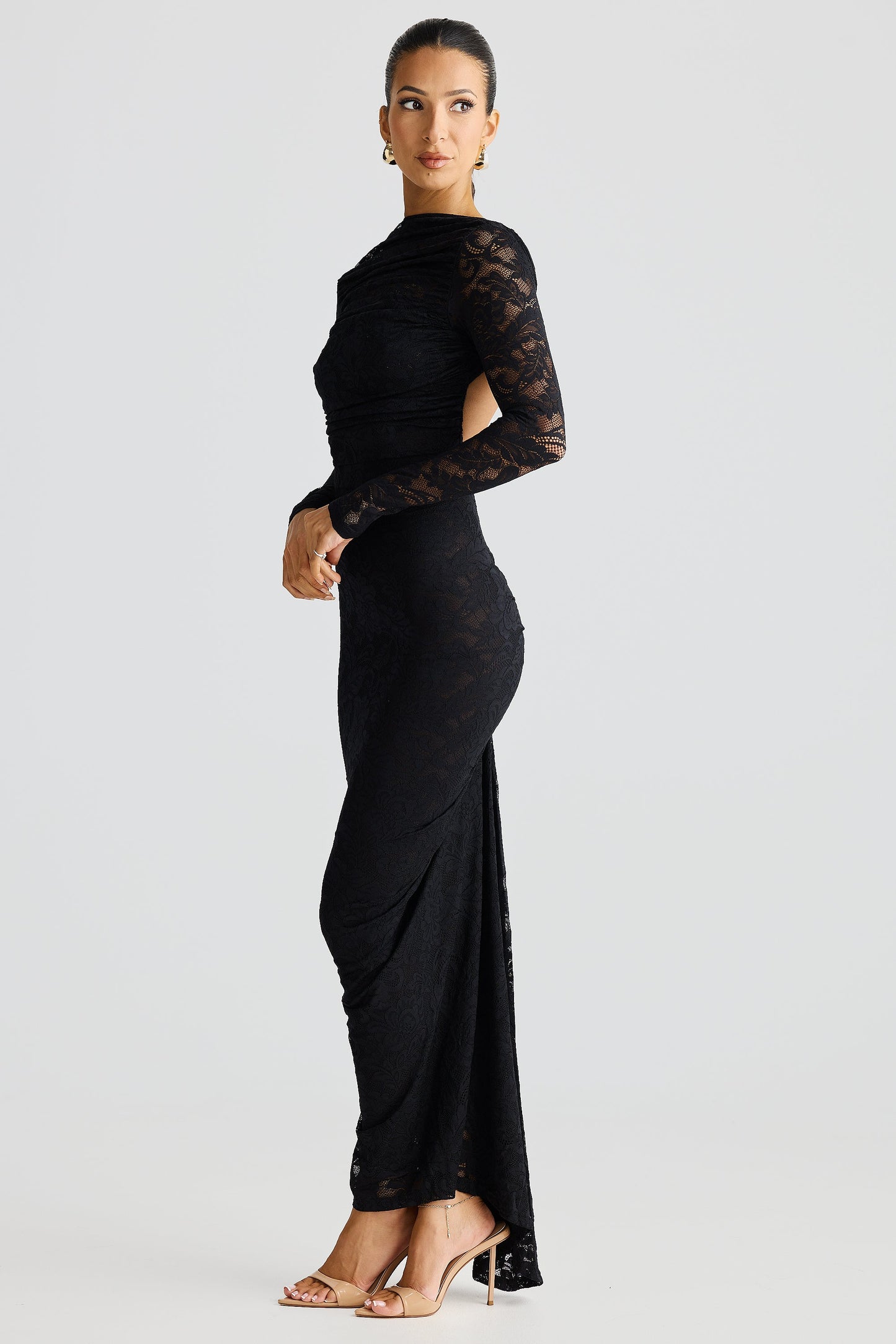 Black Long Sleeve High Neck Lace Maxi Dress