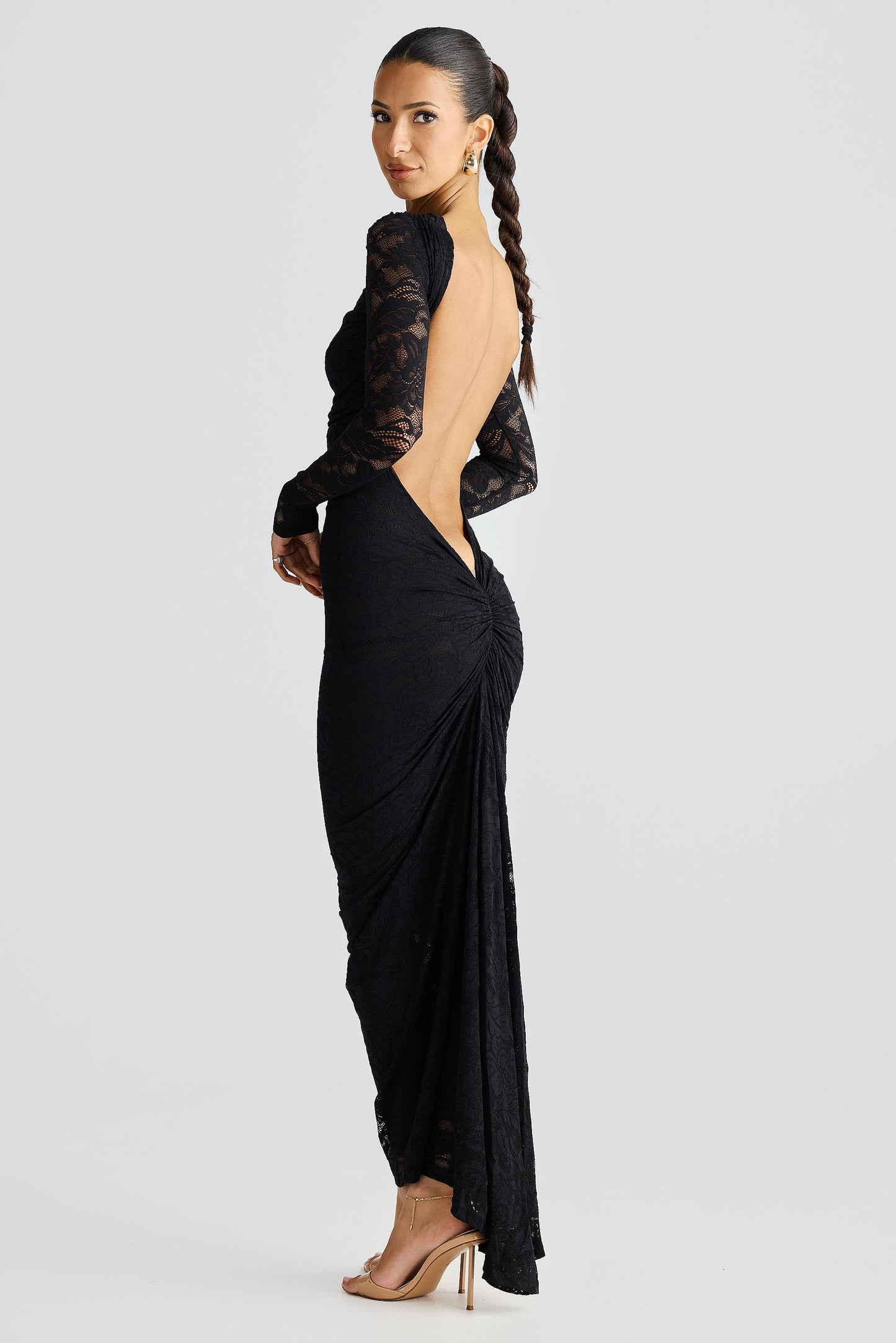 Black Long Sleeve High Neck Lace Maxi Dress