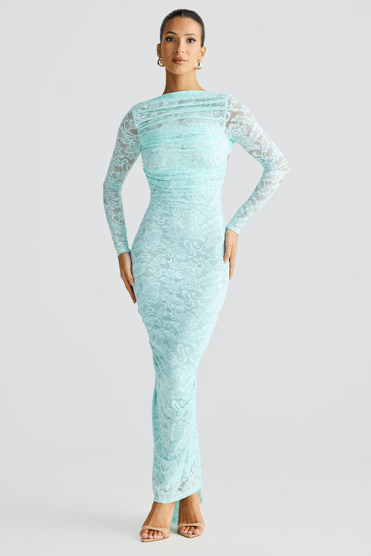 Aqua Blue Long Sleeve High Neck Stretch Lace Bodycon Midi Dress