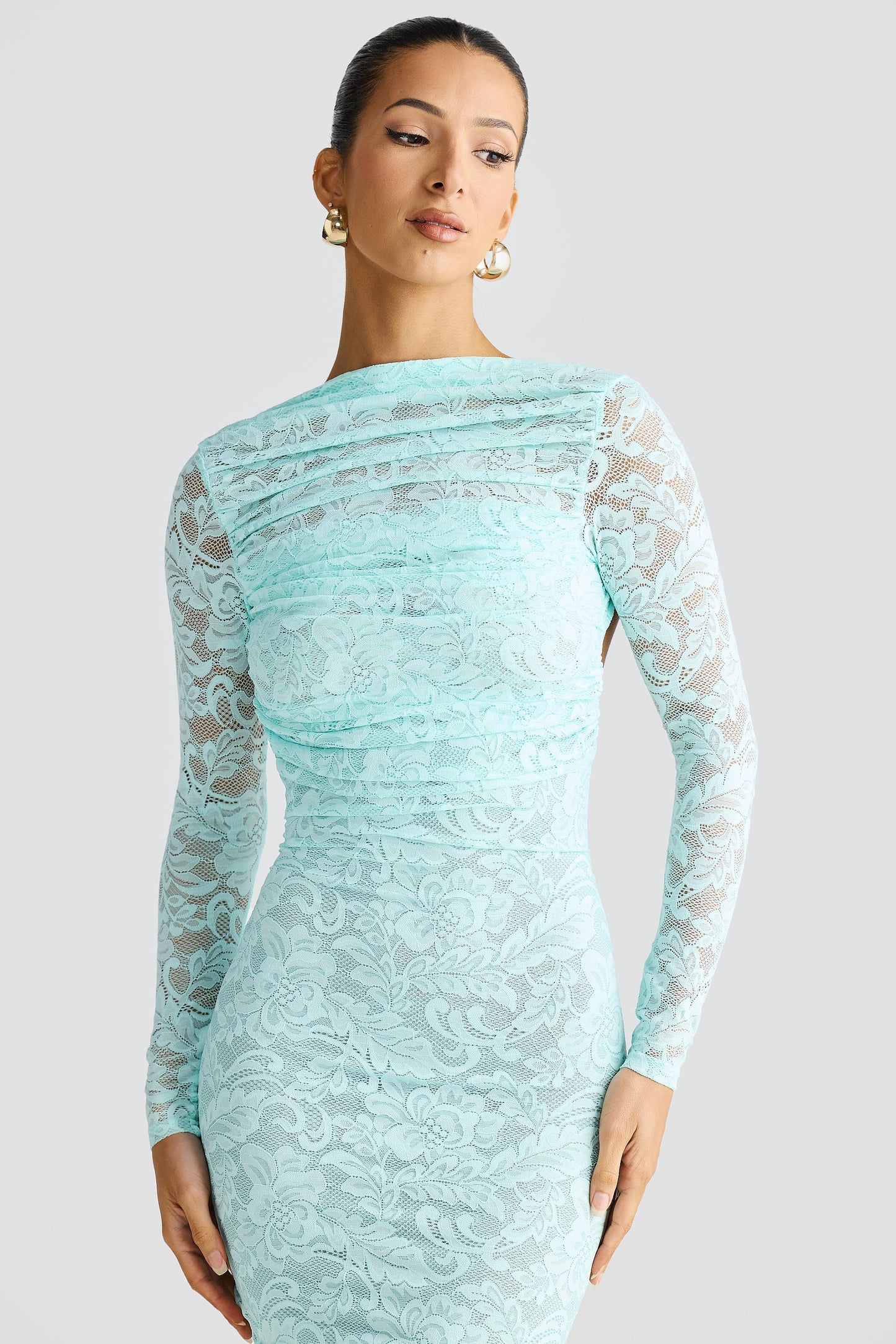 Aqua Blue Long Sleeve High Neck Stretch Lace Bodycon Midi Dress