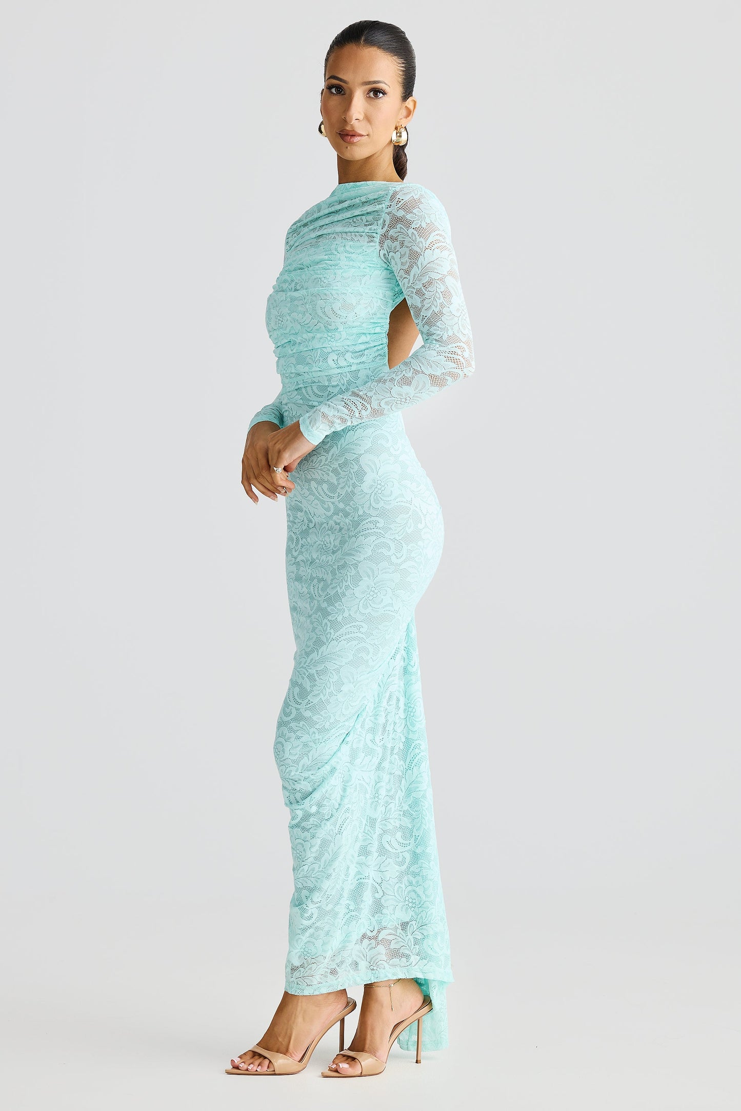 Aqua Blue Long Sleeve High Neck Stretch Lace Bodycon Midi Dress