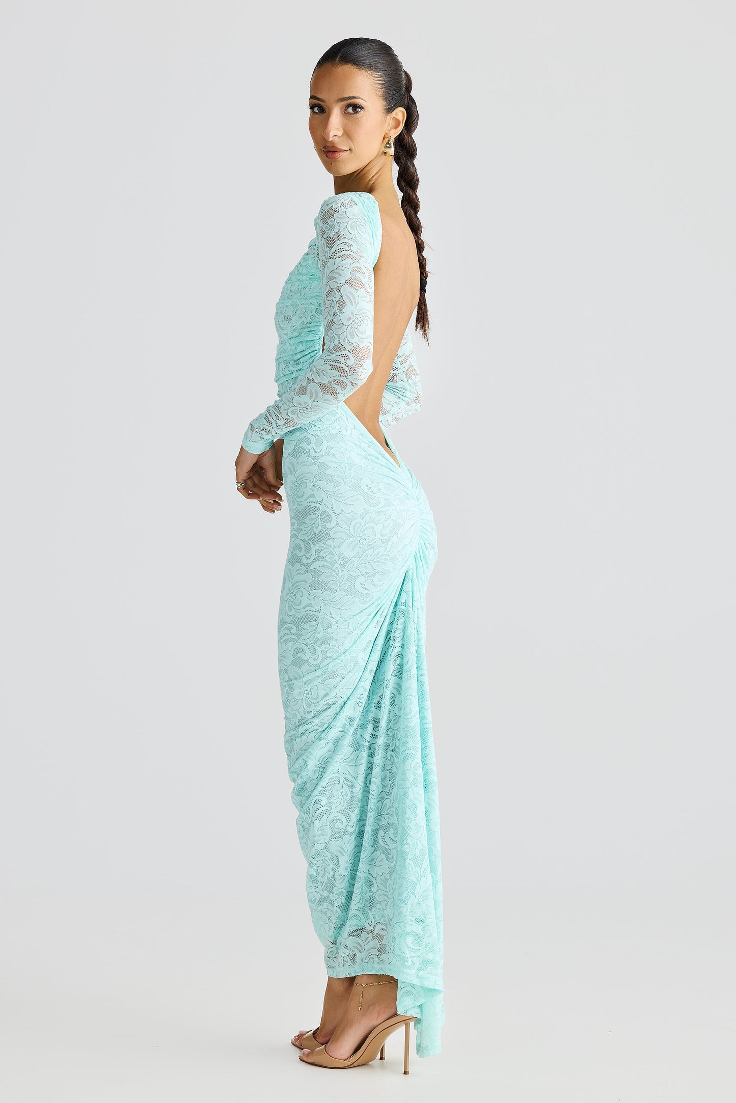 Aqua Blue Long Sleeve High Neck Stretch Lace Bodycon Midi Dress