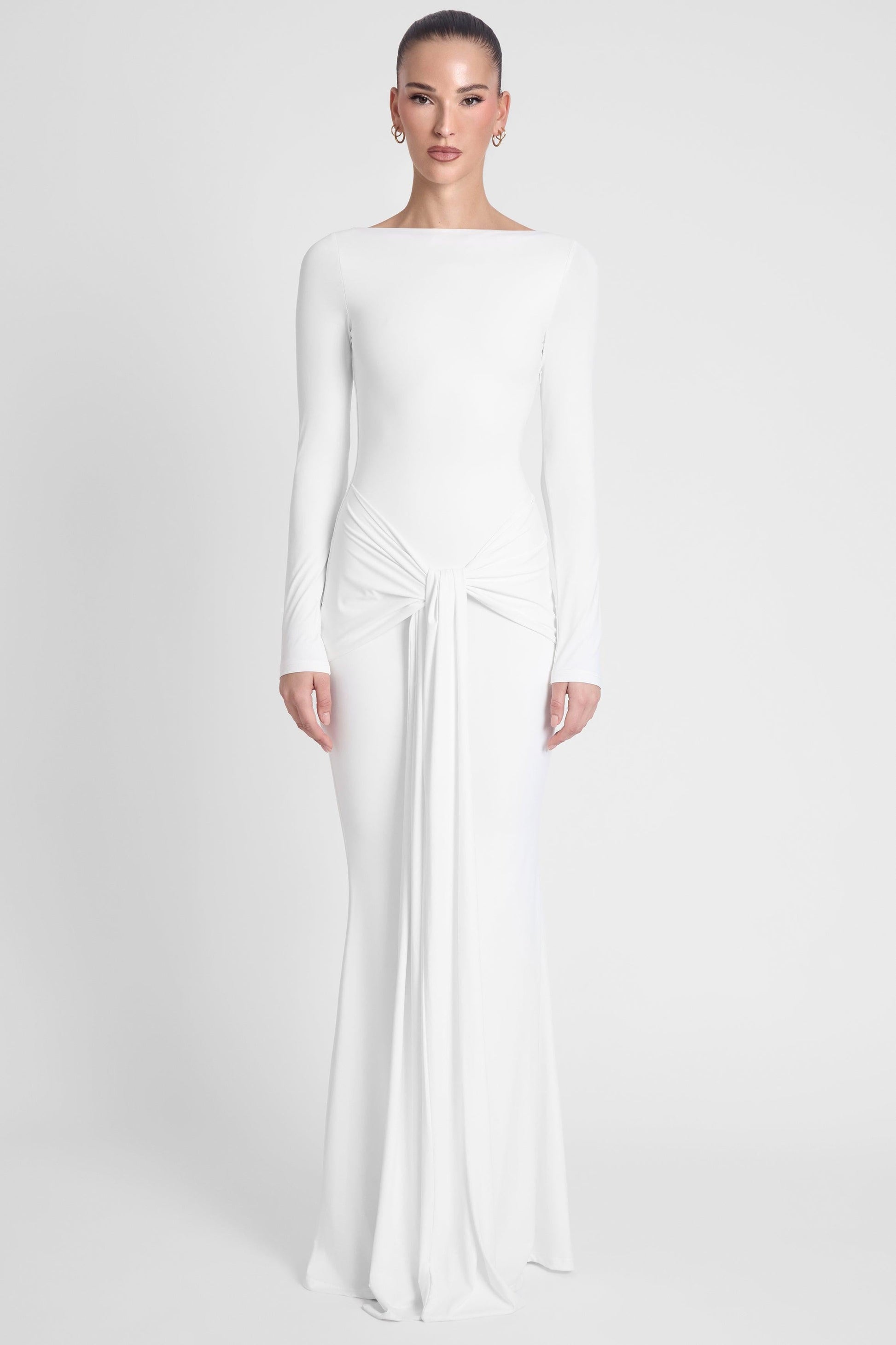 Oasis Collection | White Maxi Dress with Sculptural Draping | Elegant Fit for Any Occasion 0