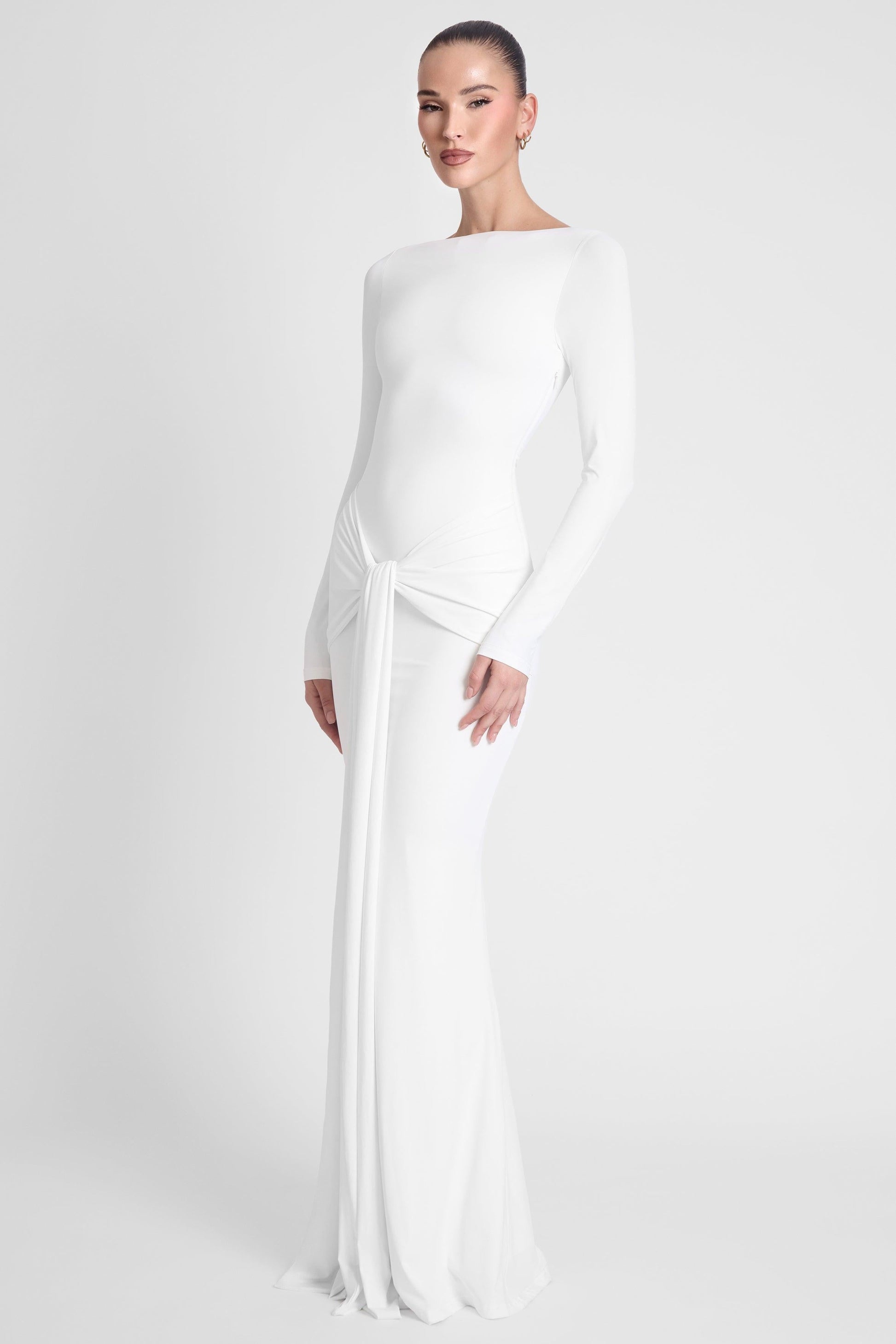 Oasis Collection | White Maxi Dress with Sculptural Draping | Elegant Fit for Any Occasion 4