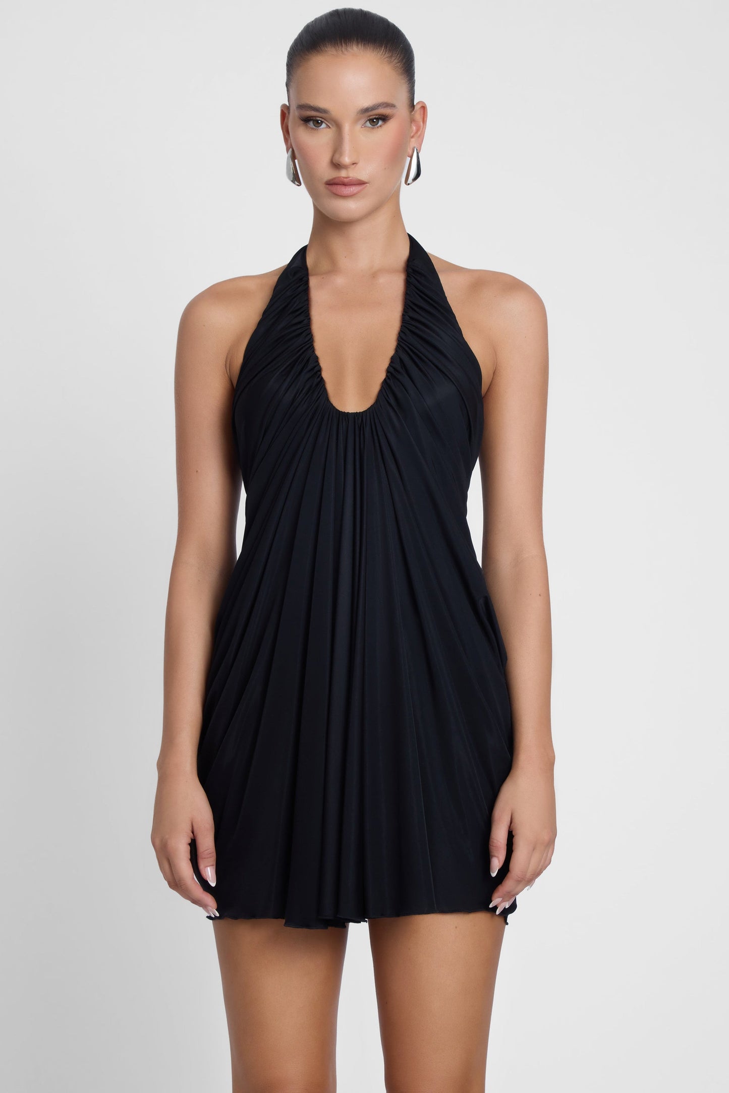 Odyssey Collection | Women's Black Mini Dress with Plunging Neckline | Elegant Draping for Timeless Style 0