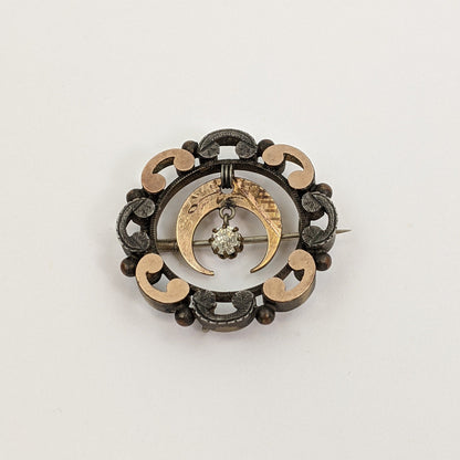 1890s Crescent Moon Brooch | Gold + Silver
