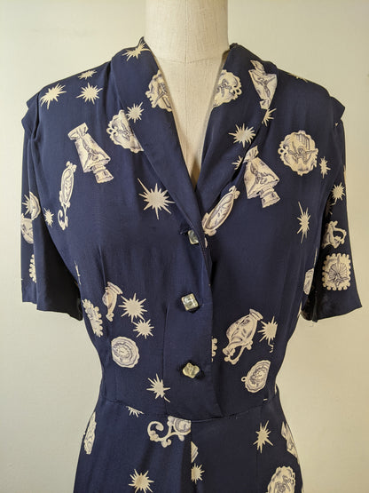 1940s Novelty Print Rayon Dress