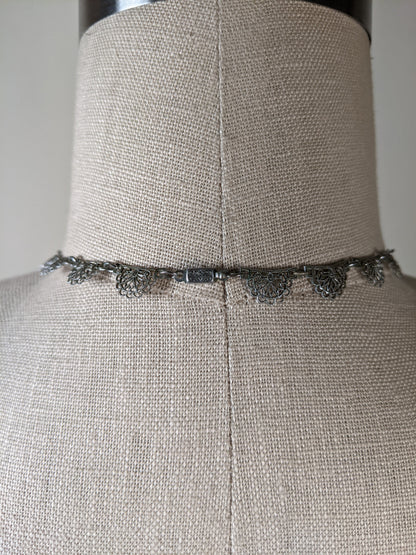 Art Deco Rhodium Plated Necklace Purple Glass Stone