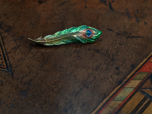 Art Nouveau 14k Gold Enamel Peacock Feather Brooch