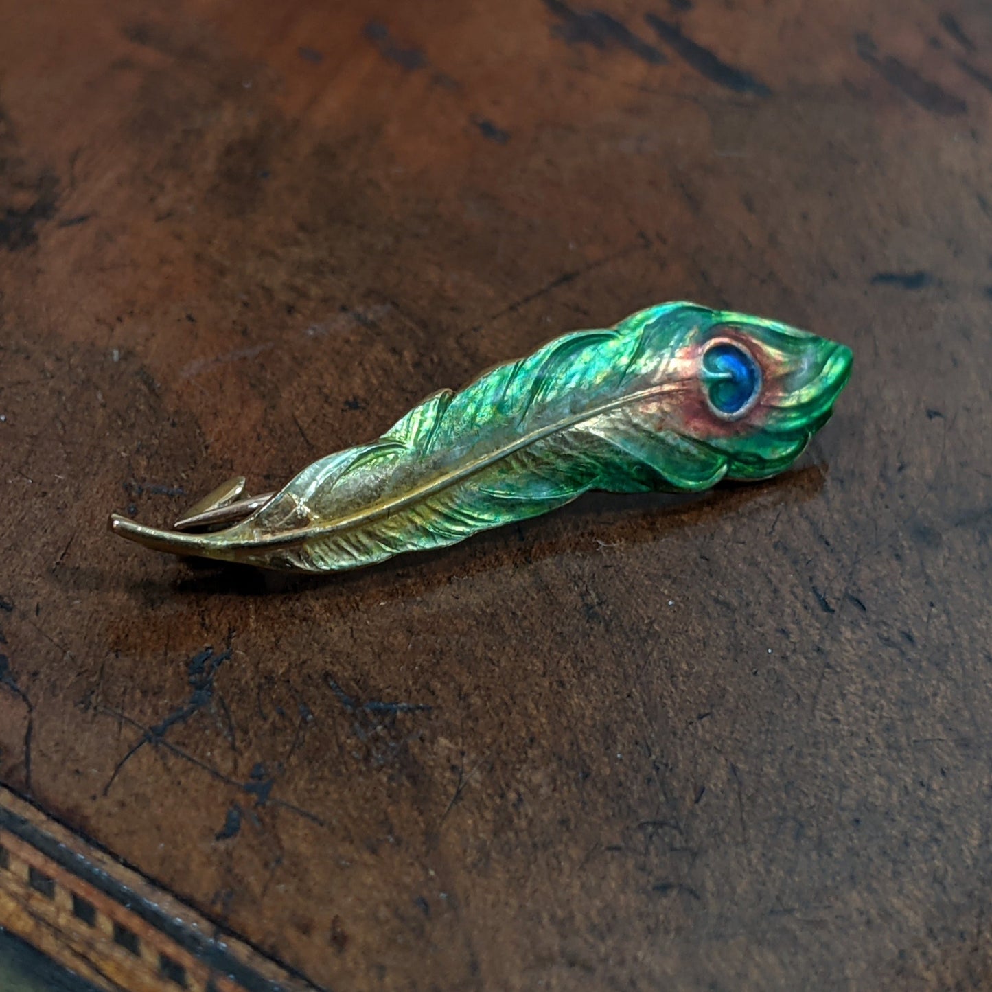 Art Nouveau 14k Gold Enamel Peacock Feather Brooch
