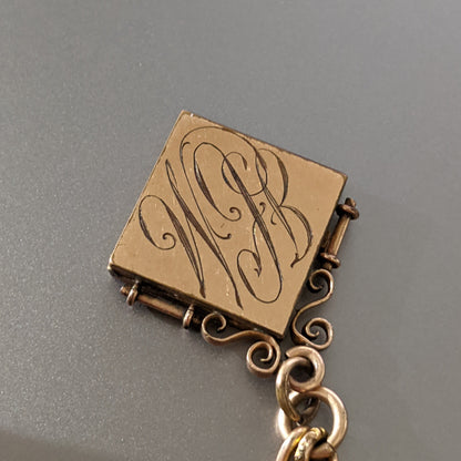 19th c. Gold Filled Short T-Bar Watch Chain + Locket | 12.5"