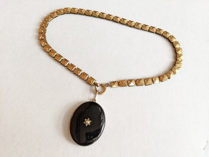19th c. 14k Gold Enamel Locket on Book Chain
