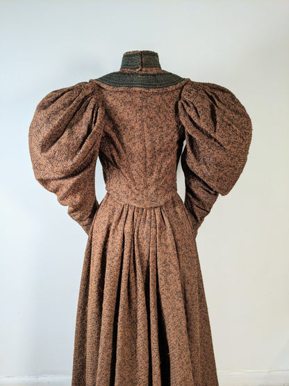 c. 1890s Gorgeous Green + Brown Woven Cotton + Wool Dress