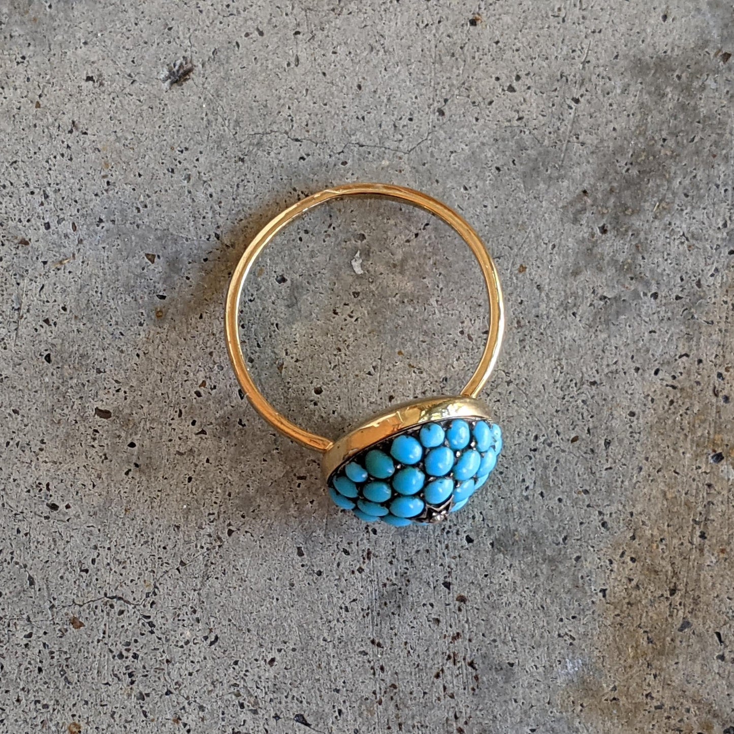 c. 1880s 15k Gold Turquoise + Diamond Bombe Ring