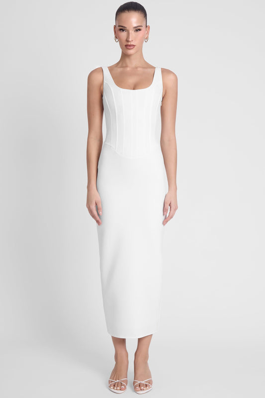 Sancia Collection | White Midi Dress with Sculpting Fit | Elegant Wardrobe Essential for Timeless Style 0