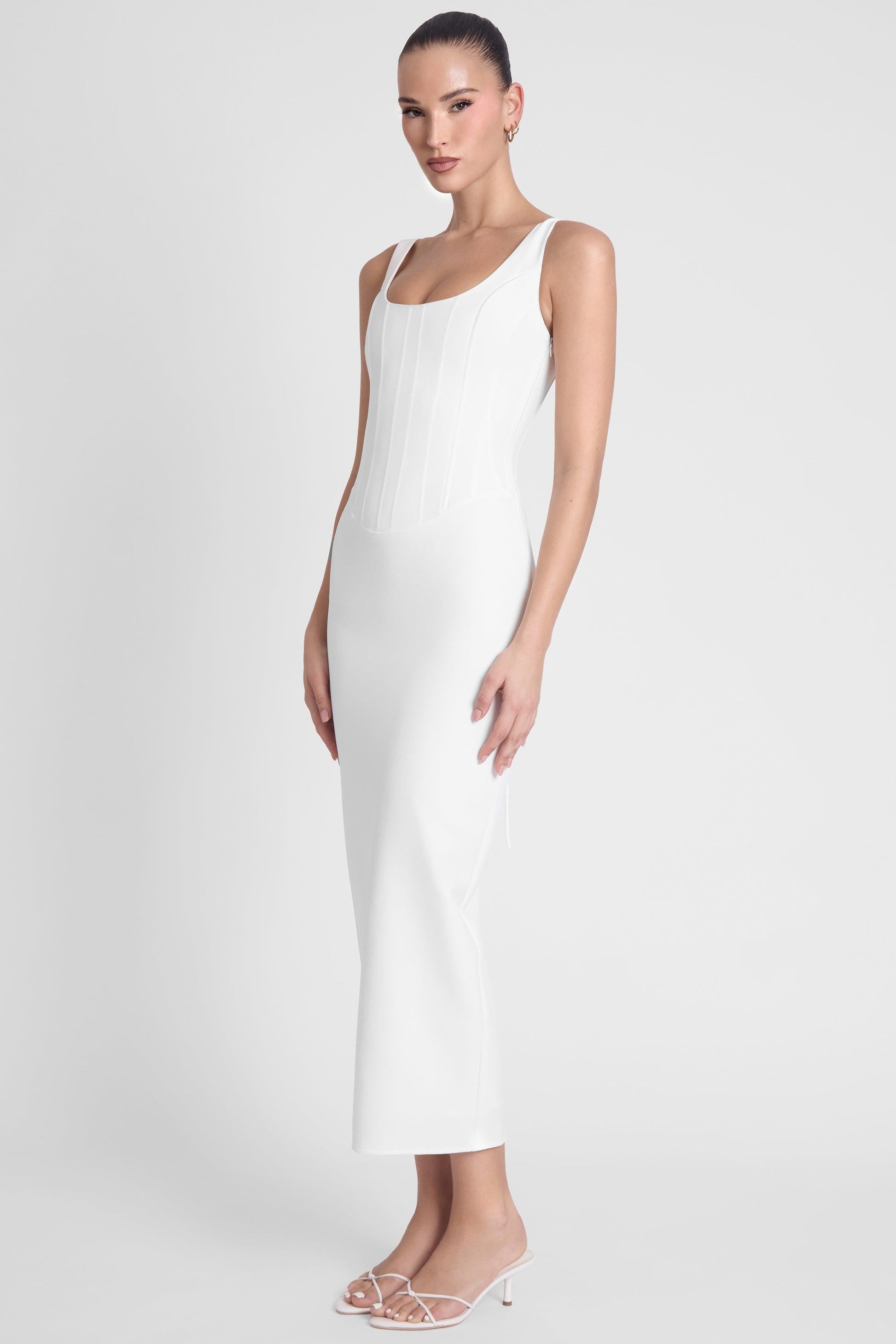 Sancia Collection | White Midi Dress with Sculpting Fit | Elegant Wardrobe Essential for Timeless Style 2