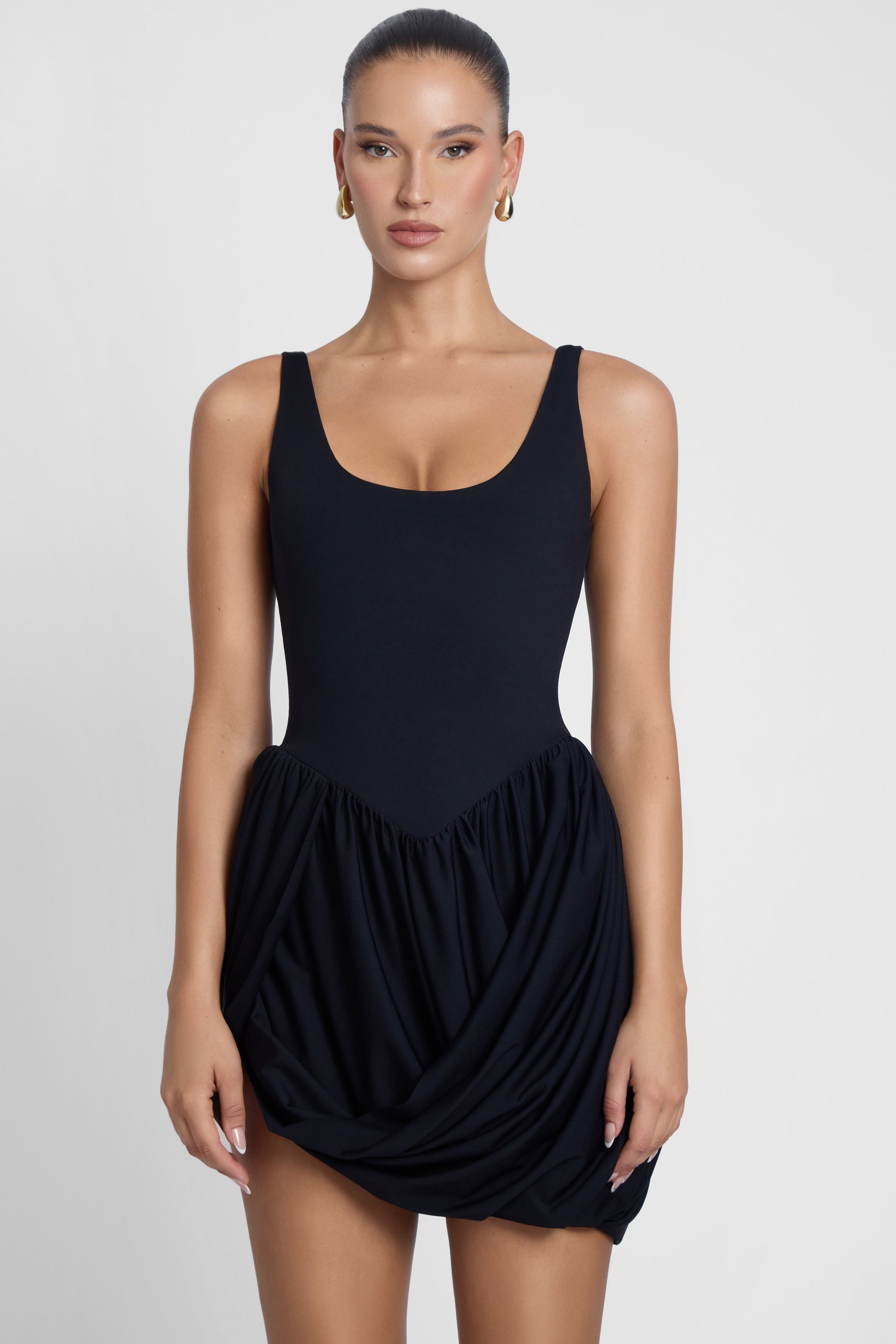 Sculpt Drape | Black Mini Dress with Figure-Flattering Design | Effortless Elegance for Any Occasion 0