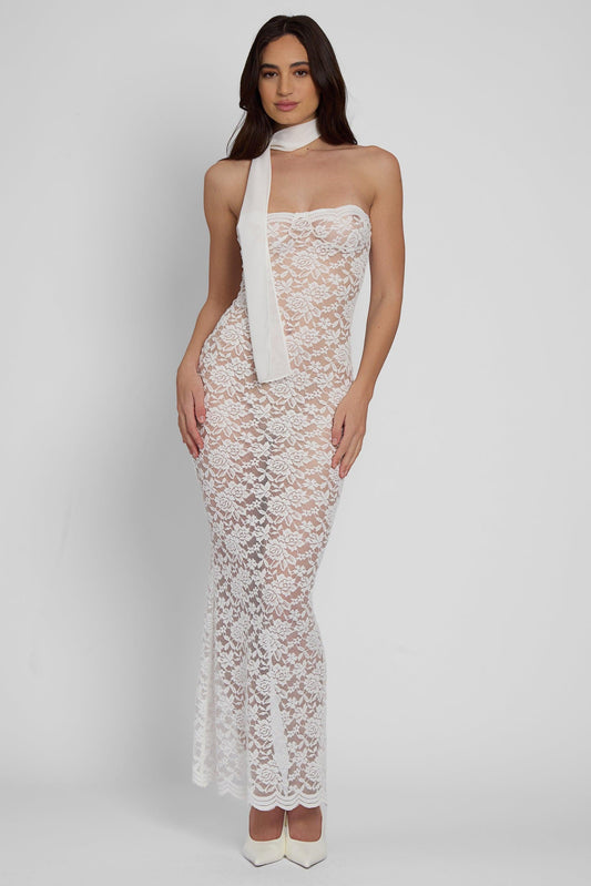 Soleil Collection | White Midi Dress with Scalloped Hemline | Elegant Lace Design for Special Occasions 0