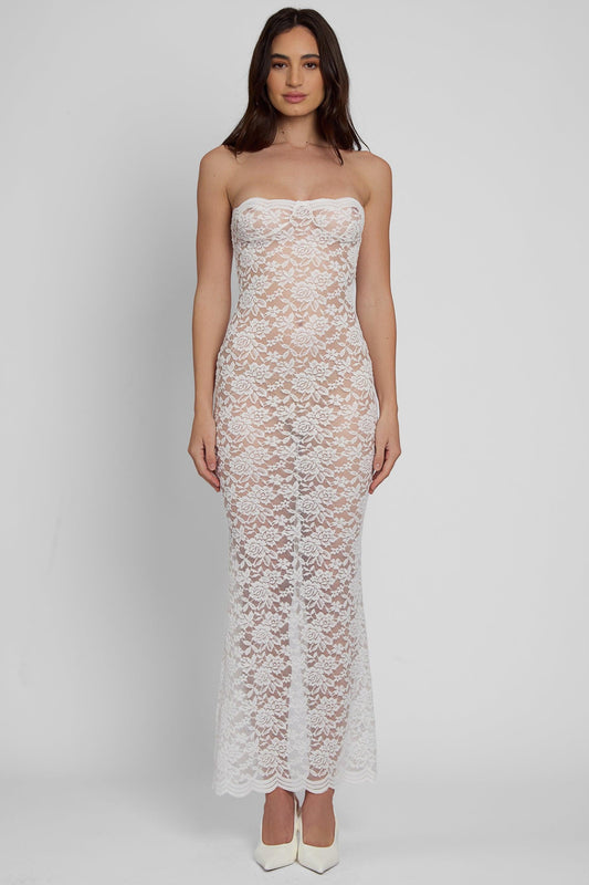 Soleil Collection | White Midi Dress with Scalloped Hemline | Elegant Lace Design for Special Occasions 1