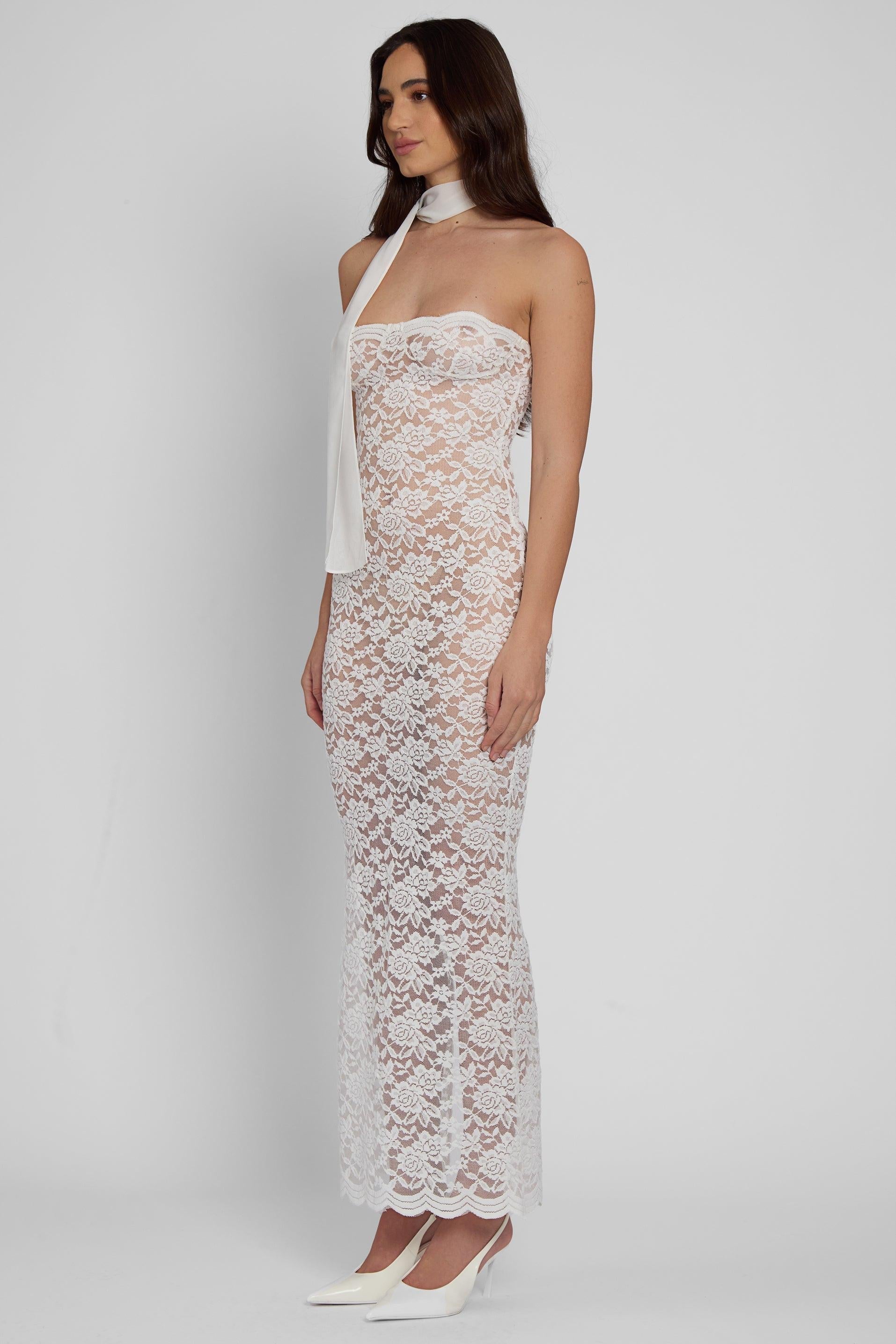 Soleil Collection | White Midi Dress with Scalloped Hemline | Elegant Lace Design for Special Occasions 2