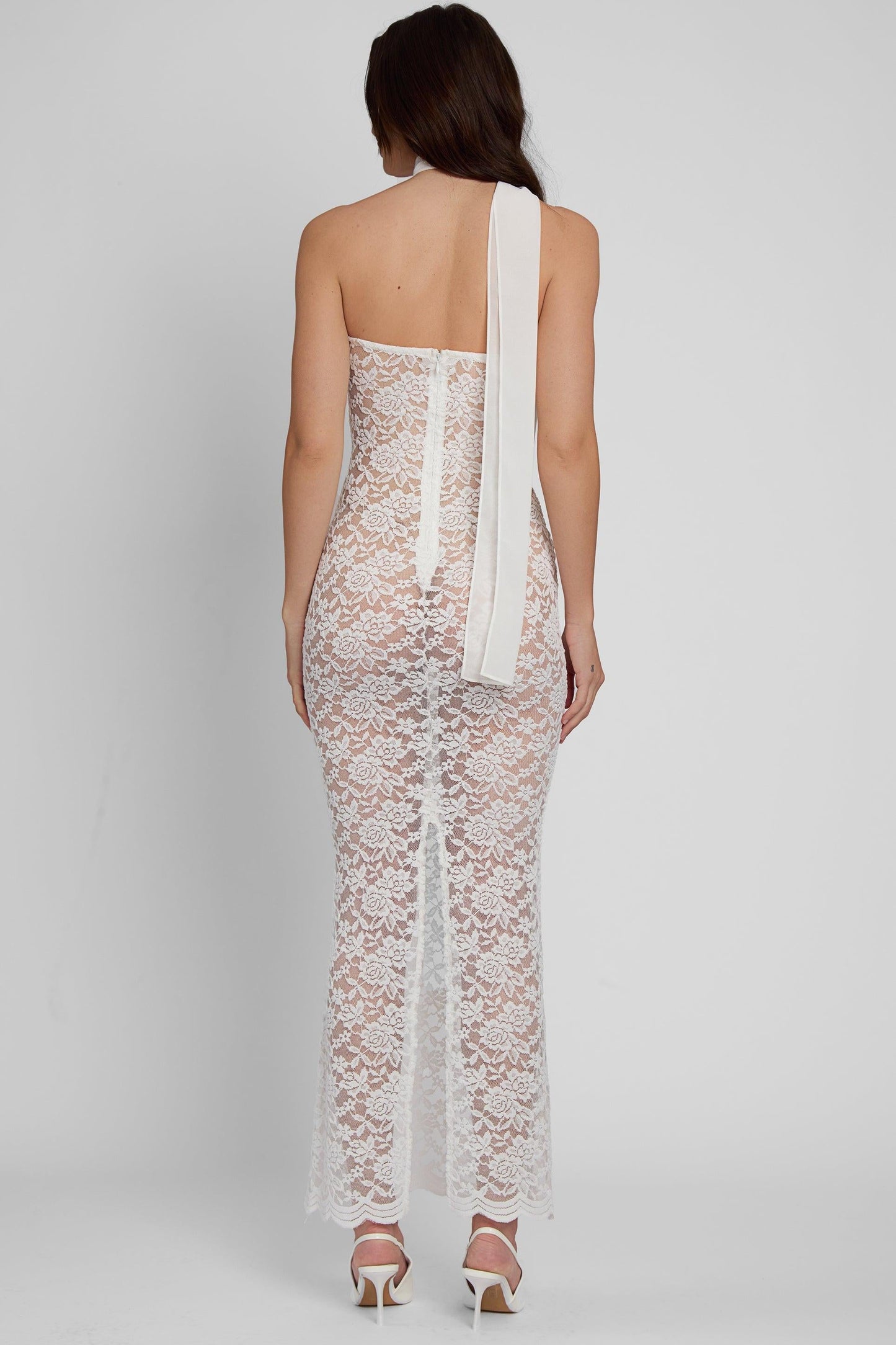 Soleil Collection | White Midi Dress with Scalloped Hemline | Elegant Lace Design for Special Occasions 4