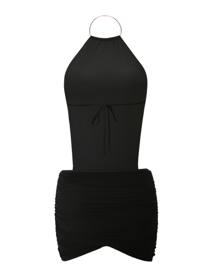 Black High-Neck Open-Back Mini Dress