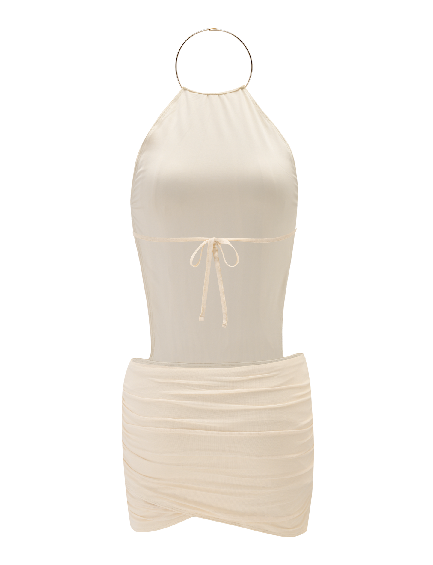 Gathered Ivory High Neck Mini Dress Minimalist Drape for Events