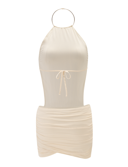 Ivory High Neck Mini Dress – Gathered Drape