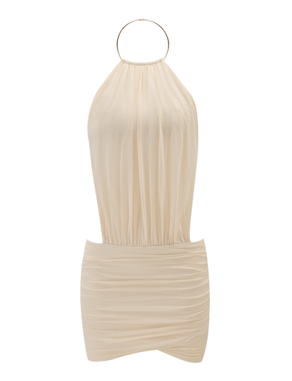 Ivory High Neck Mini Dress – Gathered Drape