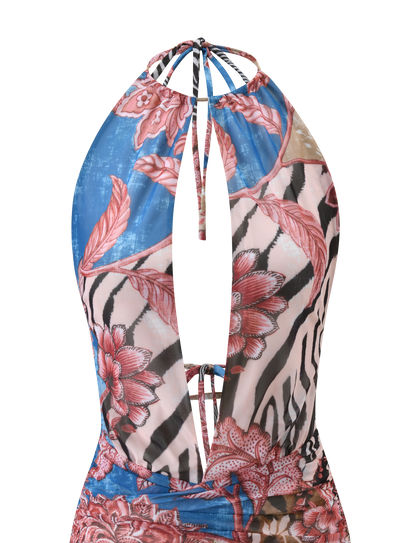 Printed Mesh Halter Mini Dress