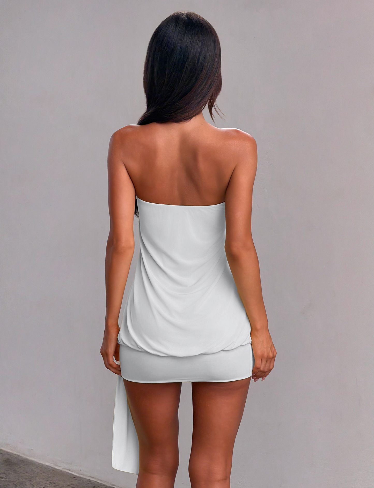 Smooth Blouson Mini Dress Sculpted Strapless Style in Cool Slate