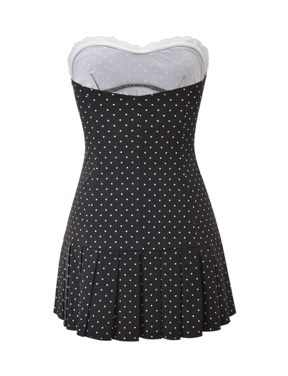 Polka Dot Mini Dress – Pleated Lace Bodice