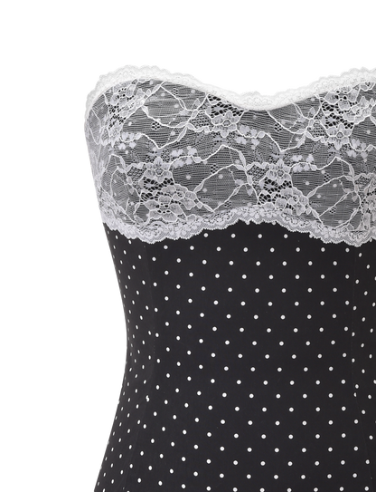 Polka Dot Mini Dress – Pleated Lace Bodice