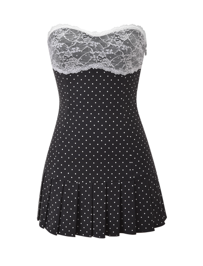 Polka Dot Mini Dress – Pleated Lace Bodice