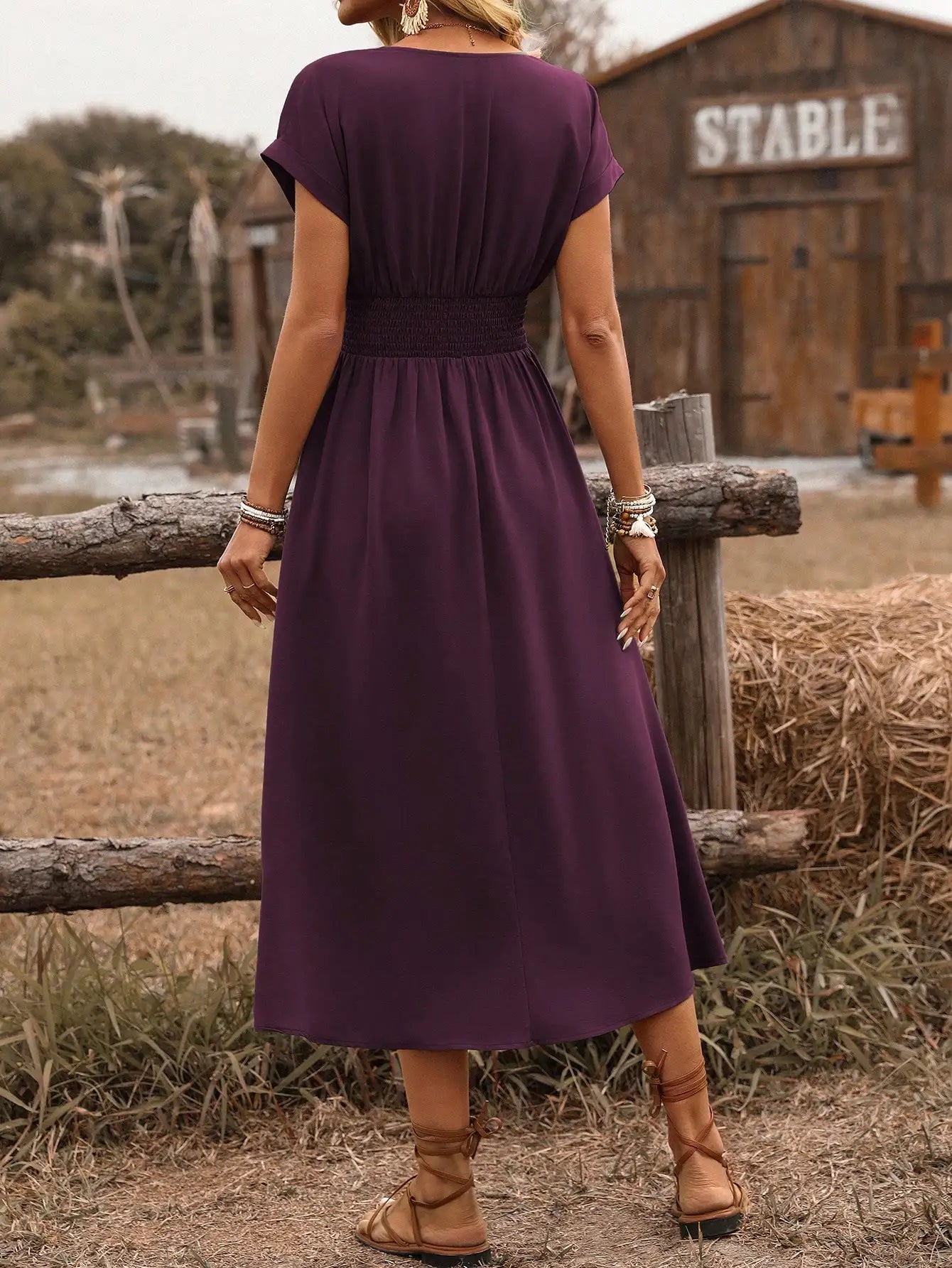 Women's Bohemian Cotton Midi Dress | Stylish V-Neck Shirred Waist Summer Dress