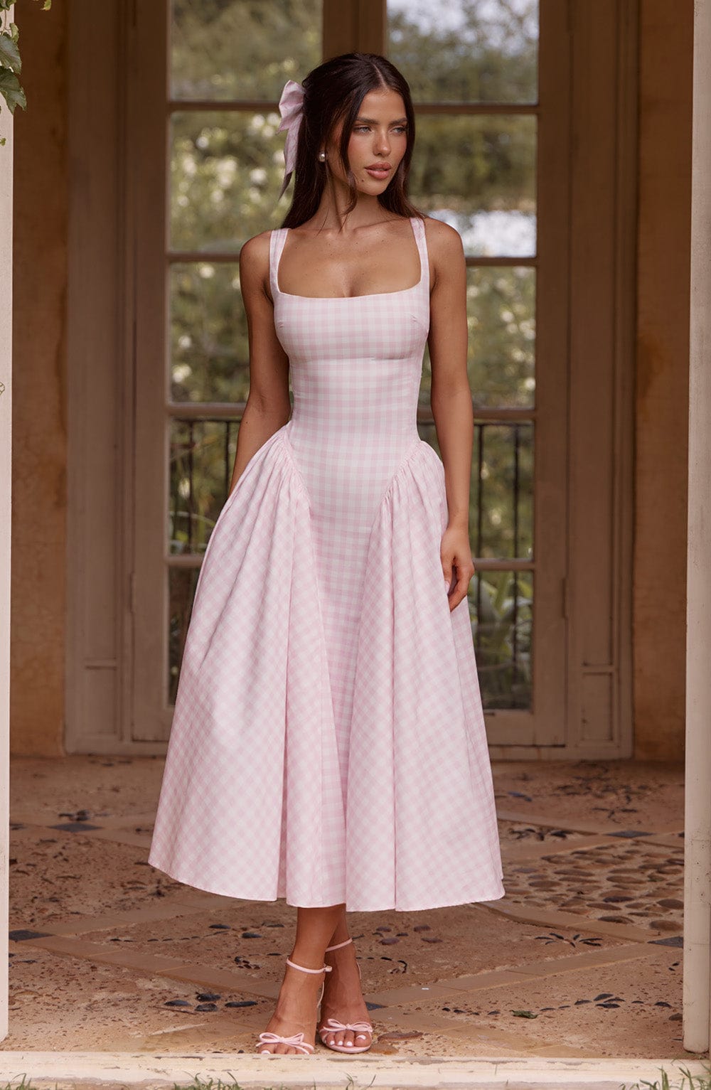 Women's Cotton Blend Midi Dress | Elegant Blush Gingham Summer Dress 0