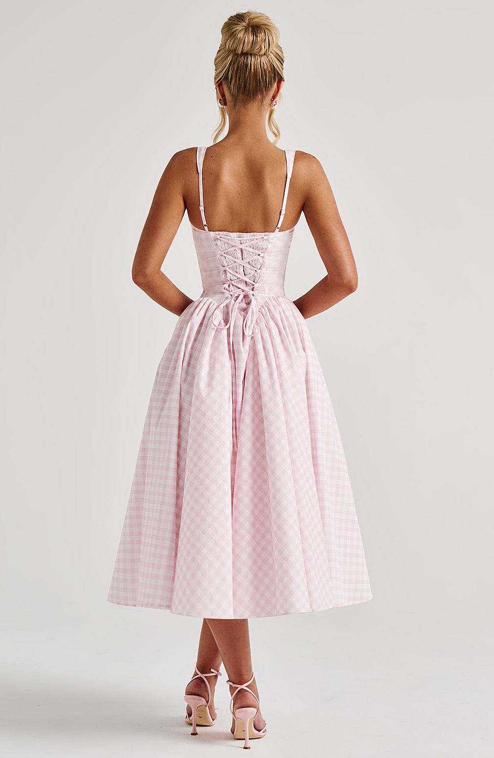 Women's Cotton Blend Midi Dress | Elegant Blush Gingham Summer Dress 1