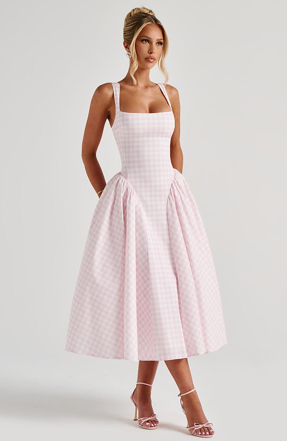 Women's Cotton Blend Midi Dress | Elegant Blush Gingham Summer Dress 3