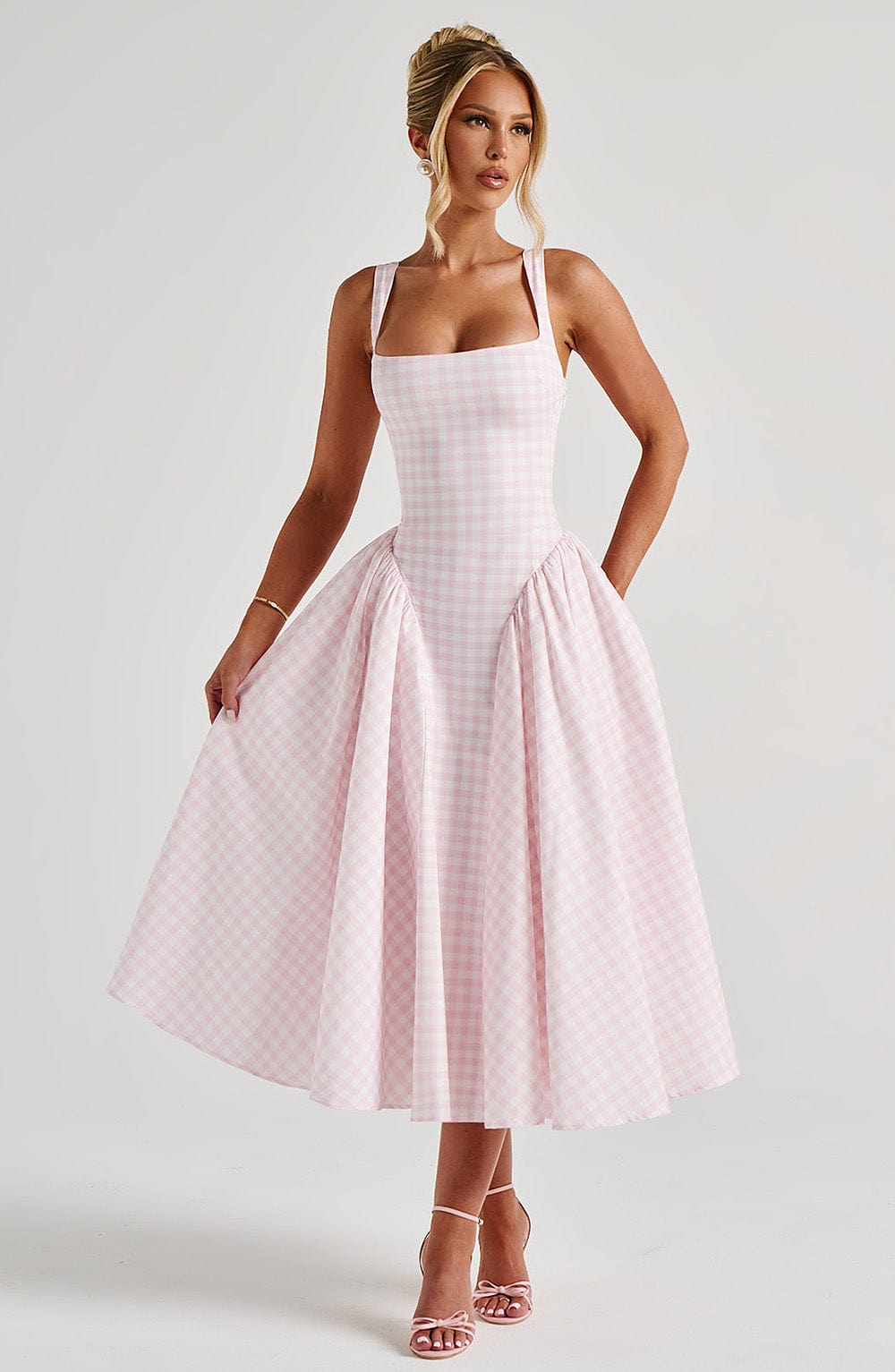 Women's Cotton Blend Midi Dress | Elegant Blush Gingham Summer Dress 4