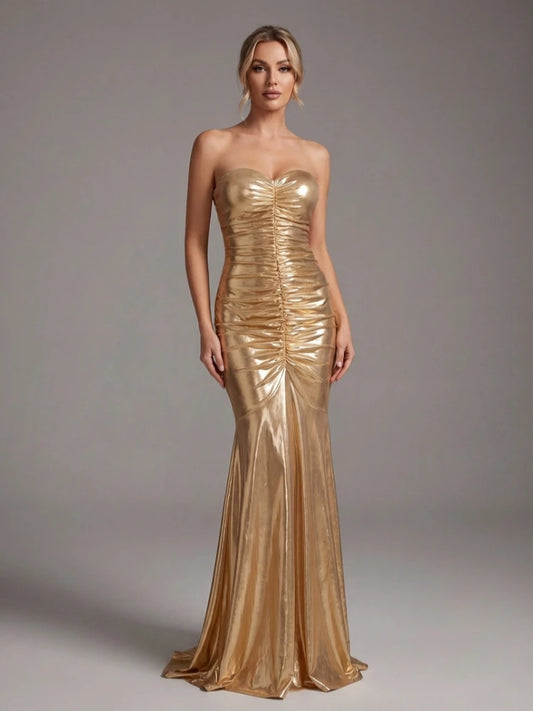 Women's Elegant Gold Strapless Maxi Dress | Chic Backless Mermaid Evening Gown