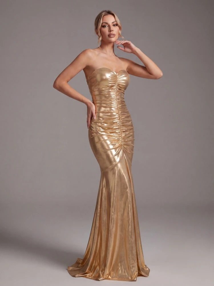 Women's Elegant Gold Strapless Maxi Dress | Chic Backless Mermaid Evening Gown