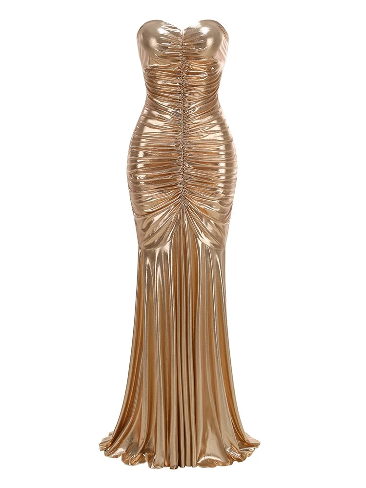 Women's Elegant Gold Strapless Maxi Dress | Chic Backless Mermaid Evening Gown