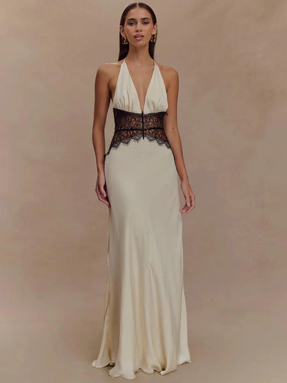 Lace Halter Maxi Dress – Deep V Back