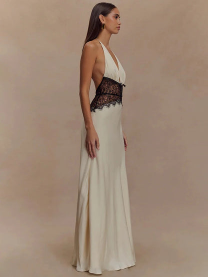 Lace Halter Maxi Dress – Deep V Back