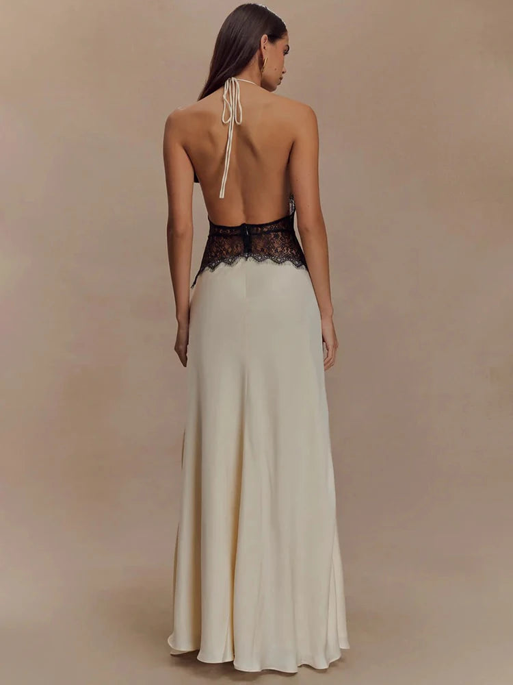 Women's Elegant Lace Maxi Dress | Backless Halter Deep V Neck Summer Gown