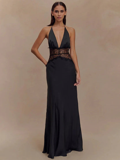 Lace Halter Maxi Dress – Deep V Back